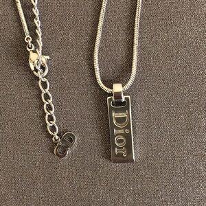 Christian Dior dog tag necklace pendant silver medallion chain CD logo square